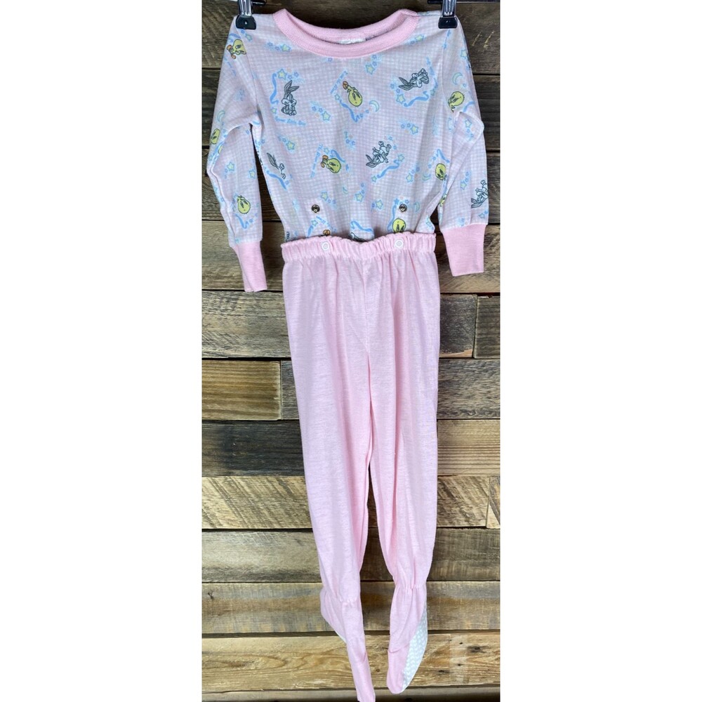 Vtg 1999 Little Girls Baby Looney Tunes 2 pc Pink & White Footie Pajama Set 18m